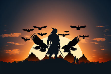 silhouette of a warrior with a pack of wolves looking at sunset sky, digital art style, illustration painting, fantasy concept of a silhouette of a warriorの素材