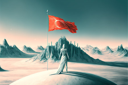 futuristic woman holding a glowing flag standing on a structure against a large planet in the background, digital art style, illustration painting, fantasy concept of a futuristic manの素材