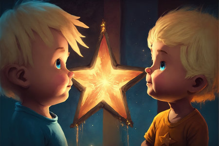 two brothers looking at a little star, digital art style, illustration painting, fantasy concept of a brothers looking at the starの素材