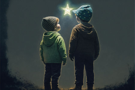two brothers looking at a little star, digital art style, illustration painting, fantasy concept of a brothers looking at the starの素材