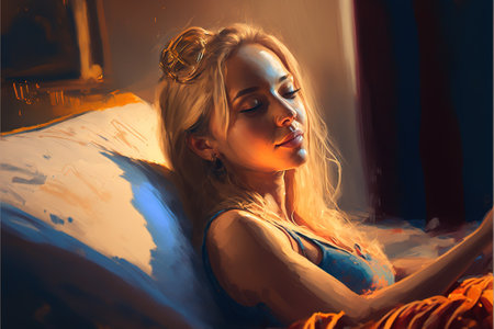 young woman sleeping on her bed, digital art style, illustration painting, fantasy concept of a young woman sleeping on her bedの素材