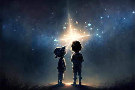 two brothers looking at a little star, digital art style, illustration painting, fantasy concept of a brothers looking at the starの素材