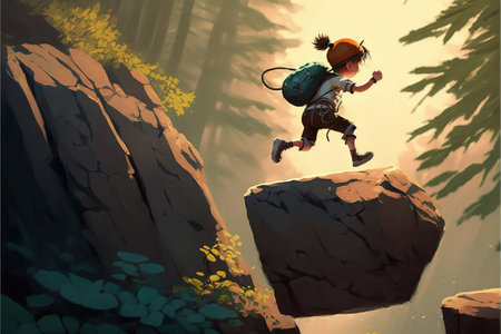 A kid jumping down from a rock in the forest, digital art style, illustration painting, fantasy concept of a kid jumping from a rockの素材