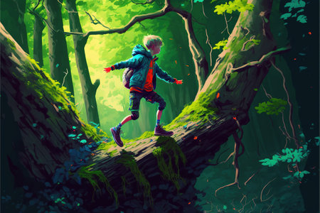 A kid jumping down from a rock in the forest, digital art style, illustration painting, fantasy concept of a kid jumping from a rockの素材