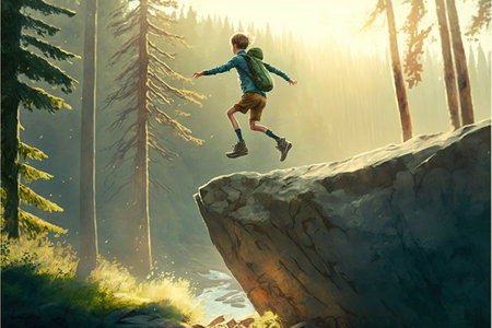 A kid jumping down from a rock in the forest, digital art style, illustration painting, fantasy concept of a kid jumping from a rockの素材