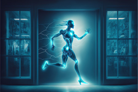 Futuristic human running breaking through the glass of the building in the night scene, digital art style, illustration painting, fantasy concept of a futuristic human runningの素材