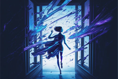 Futuristic human running breaking through the glass of the building in the night scene, digital art style, illustration painting, fantasy concept of a futuristic human runningの素材