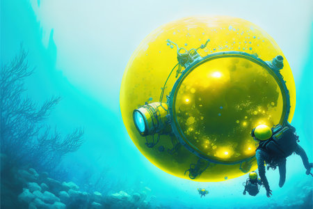 Diver discovers a huge glowing sphere under the sea, digital art style, illustration painting, fantasy concept of a diver in the seaの素材
