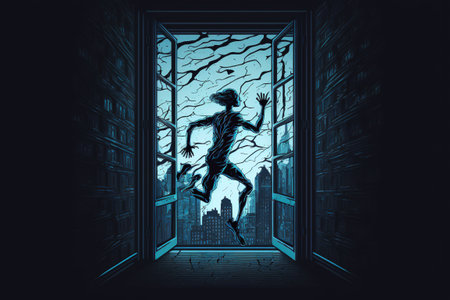 Futuristic human running breaking through the glass of the building in the night scene, digital art style, illustration painting, fantasy concept of a futuristic human runningの素材