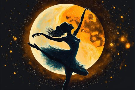 a ballerina dancing with fireflies against the crescent moon, digital art style, illustration painting, fantasy concept of a ballerina dancingの素材