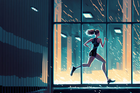 Futuristic human running breaking through the glass of the building in the night scene, digital art style, illustration painting, fantasy concept of a futuristic human runningの素材
