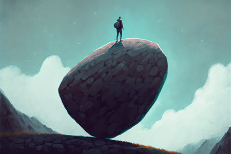 A traveler walks on a rock that floats in the sky, digital art style, illustration painting, fantasy concept of a traveler on a rockの素材