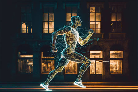Futuristic human running breaking through the glass of the building in the night scene, digital art style, illustration painting, fantasy concept of a futuristic human runningの素材