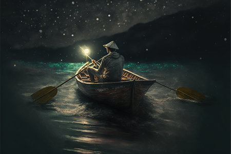 boy rowing a boat in the sea of the starry night with mysterious light, digital art style, illustration painting, fantasy concept of a boy rowing a boat in the seaの素材