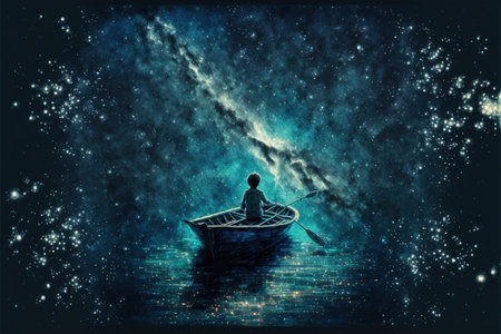 boy rowing a boat in the sea of the starry night with mysterious light, digital art style, illustration painting, fantasy concept of a boy rowing a boat in the seaの素材