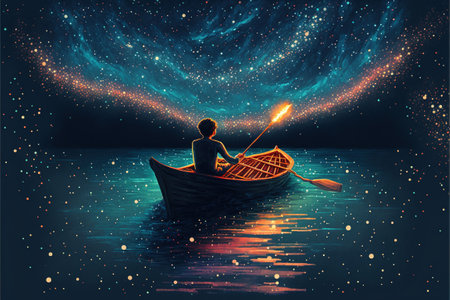 boy rowing a boat in the sea of the starry night with mysterious light, digital art style, illustration painting, fantasy concept of a boy rowing a boat in the seaの素材