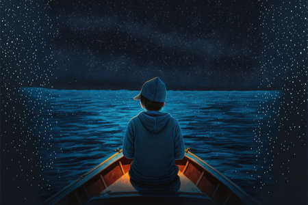boy rowing a boat in the sea of the starry night with mysterious light, digital art style, illustration painting, fantasy concept of a boy rowing a boat in the seaの素材