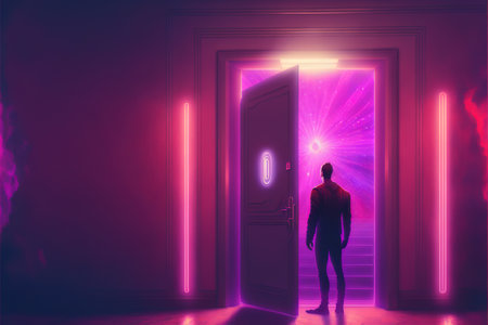 man standing in front of the glowing door that leads to another realm, digital art style, illustration painting, fantasy concept of a man near the portalの素材