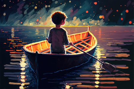 boy rowing a boat in the sea of the starry night with mysterious light, digital art style, illustration painting, fantasy concept of a boy rowing a boat in the seaの素材