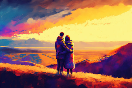 couples embracing each other in love on the hill, digital art style, illustration painting, fantasy concept of a couples embracing each other in loveの素材