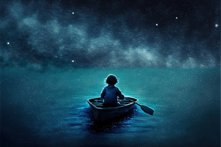 boy rowing a boat in the sea of the starry night with mysterious light, digital art style, illustration painting, fantasy concept of a boy rowing a boat in the seaの素材