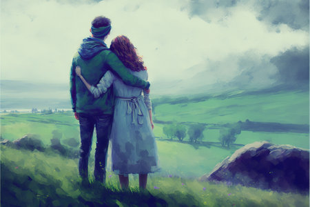 couples embracing each other in love on the hill, digital art style, illustration painting, fantasy concept of a couples embracing each other in loveの素材