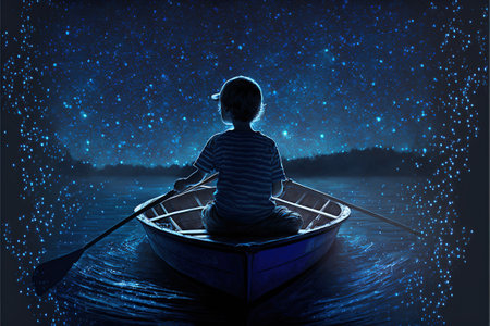 boy rowing a boat in the sea of the starry night with mysterious light, digital art style, illustration painting, fantasy concept of a boy rowing a boat in the seaの素材