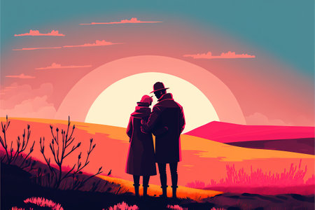 couples embracing each other in love on the hill, digital art style, illustration painting, fantasy concept of a couples embracing each other in loveの素材