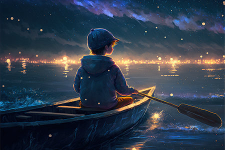 boy rowing a boat in the sea of the starry night with mysterious light, digital art style, illustration painting, fantasy concept of a boy rowing a boat in the seaの素材