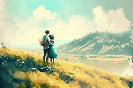 couples embracing each other in love on the hill, digital art style, illustration painting, fantasy concept of a couples embracing each other in loveの素材