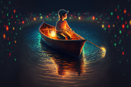 boy rowing a boat in the sea of the starry night with mysterious light, digital art style, illustration painting, fantasy concept of a boy rowing a boat in the seaの素材