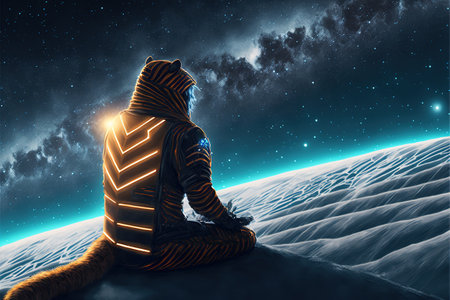 man and his pet in futuristic suit sitting and looking at the star trail in the sky, digital art style, illustration painting, fantasy concept of a man with his petの素材
