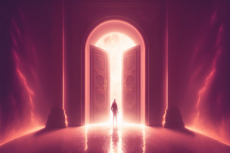 man standing in front of the glowing door that leads to another realm, digital art style, illustration painting, fantasy concept of a man near the portalの素材