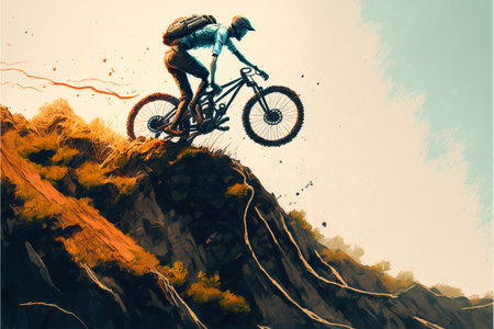 A man riding a bicycle down a hill, digital art style, illustration painting, fantasy concept of a A man riding a bicycle down a hillの素材