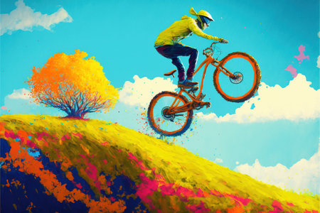 A man riding a bicycle down a hill, digital art style, illustration painting, fantasy concept of a A man riding a bicycle down a hillの素材