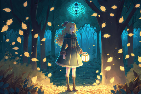 young woman collecting the glowing leaves that falling from the trees, digital art style, illustration painting, fantasy concept of a woman collecting leaves from the treesの素材