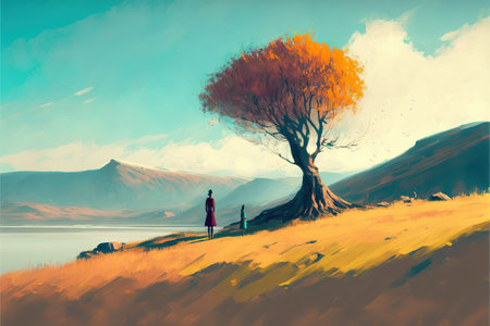 young woman standing under the autumn tree looked at the man in the distance, digital art style, illustration painting, fantasy concept of a woman under the autumn treeの素材