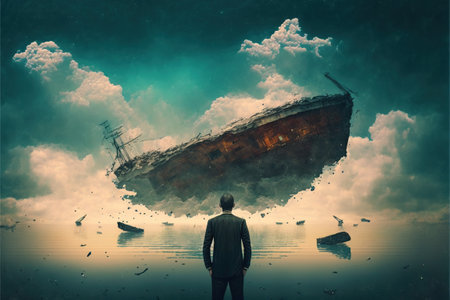 A man standing in a river with his shipwreck against the background of the sky upside down, digital art style, illustration painting, fantasy concept of a man standing in a riverの素材