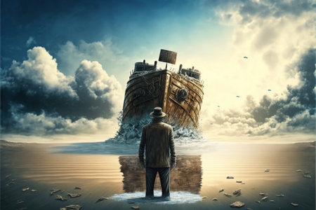 A man standing in a river with his shipwreck against the background of the sky upside down, digital art style, illustration painting, fantasy concept of a man standing in a riverの素材