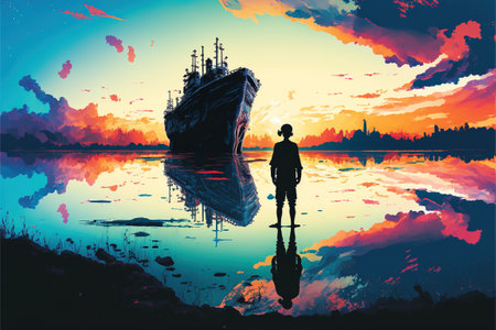 A man standing in a river with his shipwreck against the background of the sky upside down, digital art style, illustration painting, fantasy concept of a man standing in a riverの素材