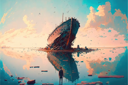 A man standing in a river with his shipwreck against the background of the sky upside down, digital art style, illustration painting, fantasy concept of a man standing in a riverの素材
