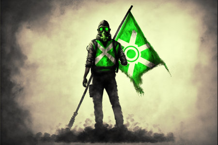 Gas mask man holding a flag with biohazard symbol stands in toxic smoke, digital art style, illustration painting, fantasy concept of a man with biohazard flagの素材