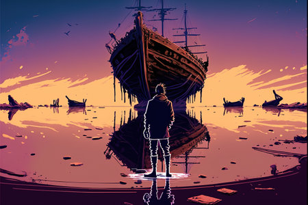 A man standing in a river with his shipwreck against the background of the sky upside down, digital art style, illustration painting, fantasy concept of a man standing in a riverの素材