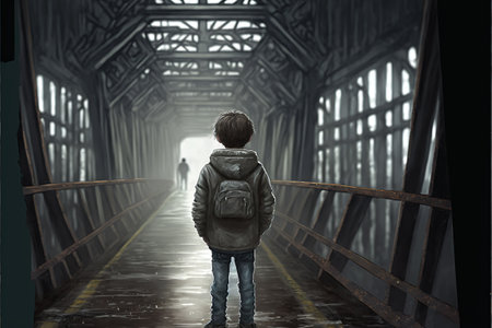 Boy on the bridge looking at the dystopian city outside, digital art style, illustration painting, fantasy concept of a Boy on the bridgeの素材