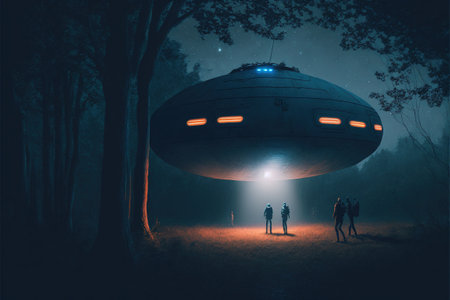 Sci-fi scene showing the spaceship abducting human at the night, digital art style, illustration painting, fantasy concept of a spaceship abducting humanの素材