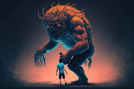 Man being taken over by a monster, digital art style, illustration painting, fantasy concept of a man near the monsterの素材