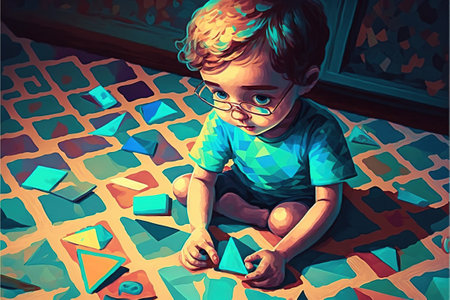 The child touches the pattern with his finger on the ground, digital art style, illustration painting, fantasy concept of a child touches the pattern with his finger on the groundの素材