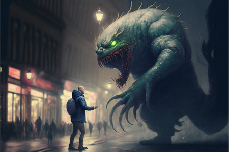 Man being taken over by a monster, digital art style, illustration painting, fantasy concept of a man near the monsterの素材
