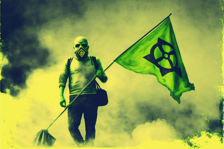 Gas mask man holding a flag with biohazard symbol stands in toxic smoke, digital art style, illustration painting, fantasy concept of a man with biohazard flagの素材