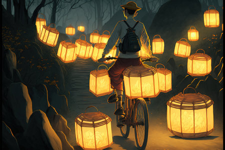 Man on bicycle in a land full of lanterns, digital art style, illustration painting, fantasy concept of a man on a bicycleの素材